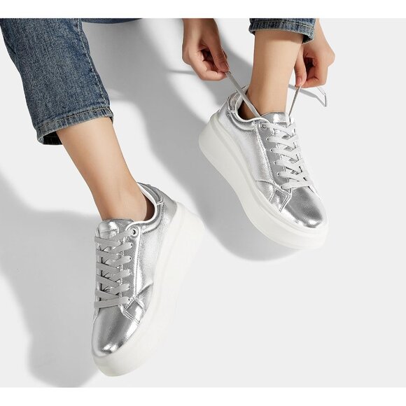 Lucky Step Women Silver Platform Faux Leather Low Top Casual Walking Sneakers - Picture 9 of 9